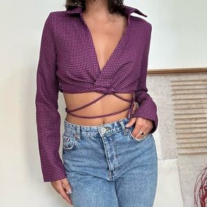 M // Zara Purple Black Houndstooth Long Sleeve Tie Hem Collared Wrap Crop Top
